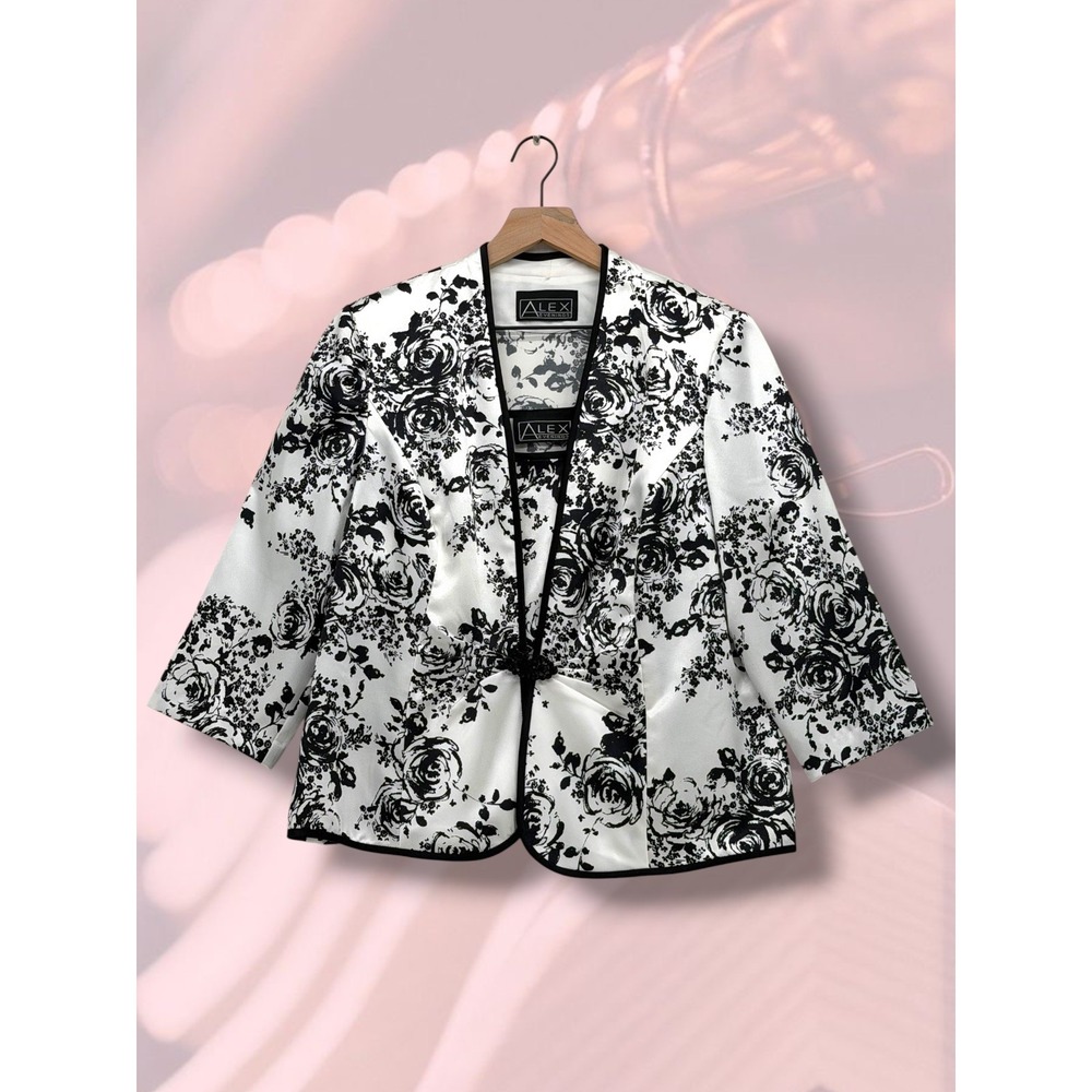 Alex Evenings Floral Satin 2-Piece Jacket and Tank Set White Black Size M